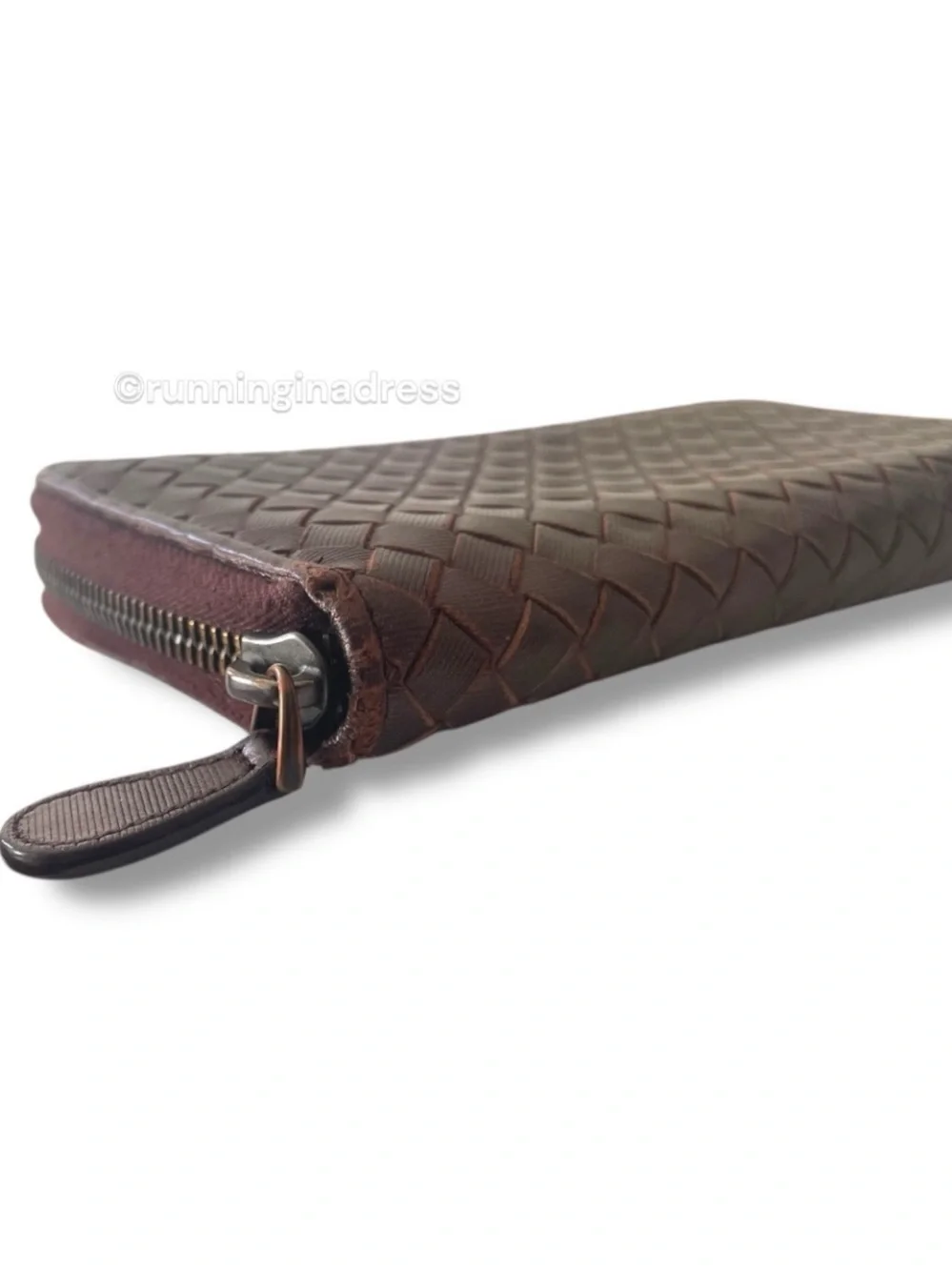 Bottega Veneta Intrecciato Leather Long Zip Around Wallet Metallic Copper Brown